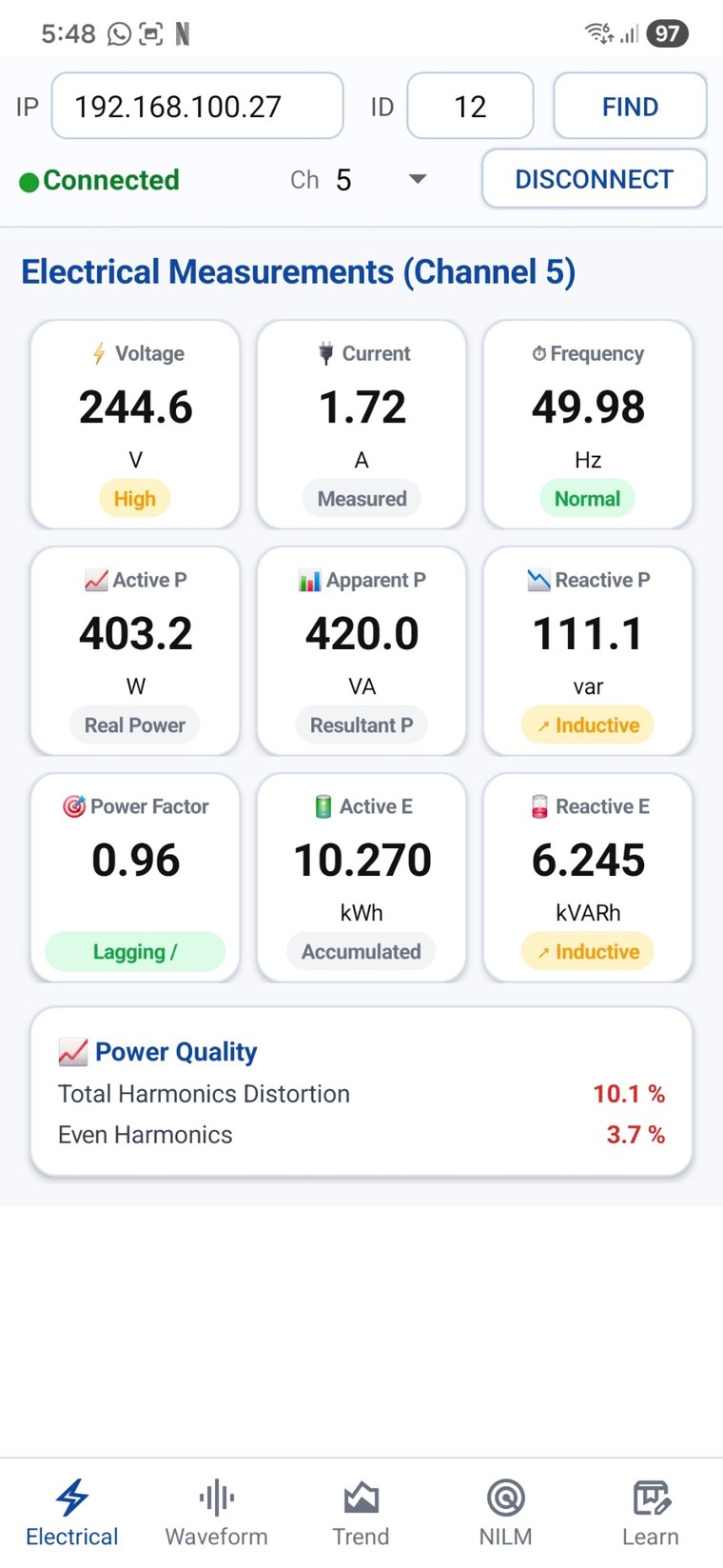 NBE NILM electrical measurements screen