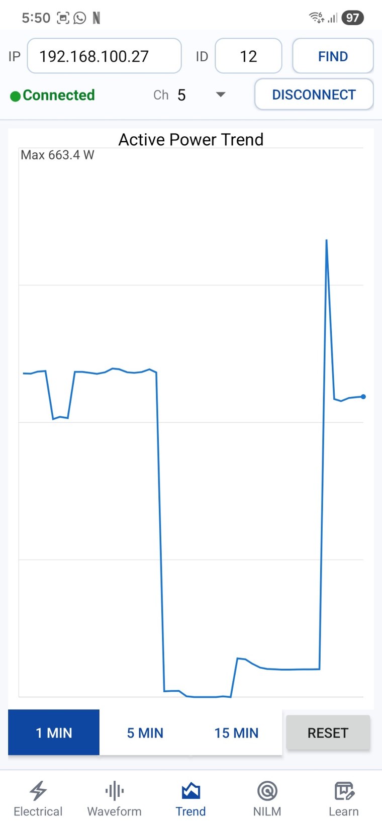 NBE NILM active power trend screen