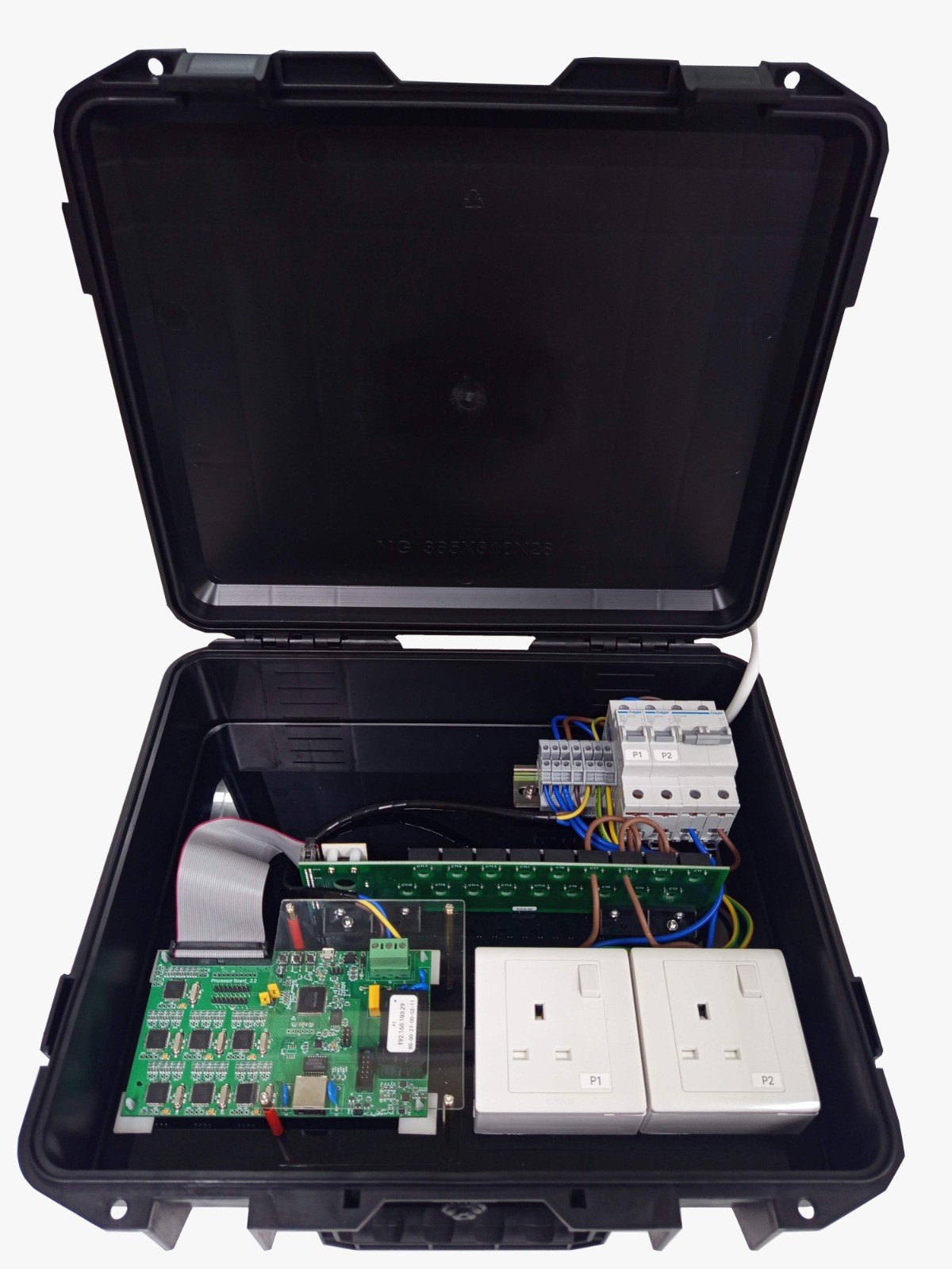 Open portable NBE energy monitoring kit with NILM electronics and appliance outlets